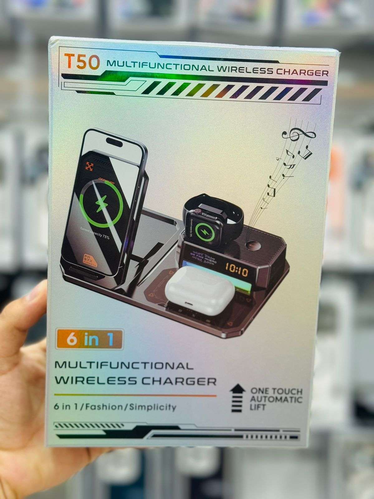 T50 5-in-1 Magnetic Wireless Charger Phone Watch Earphone Charging Stand with Clock & Speaker(White)