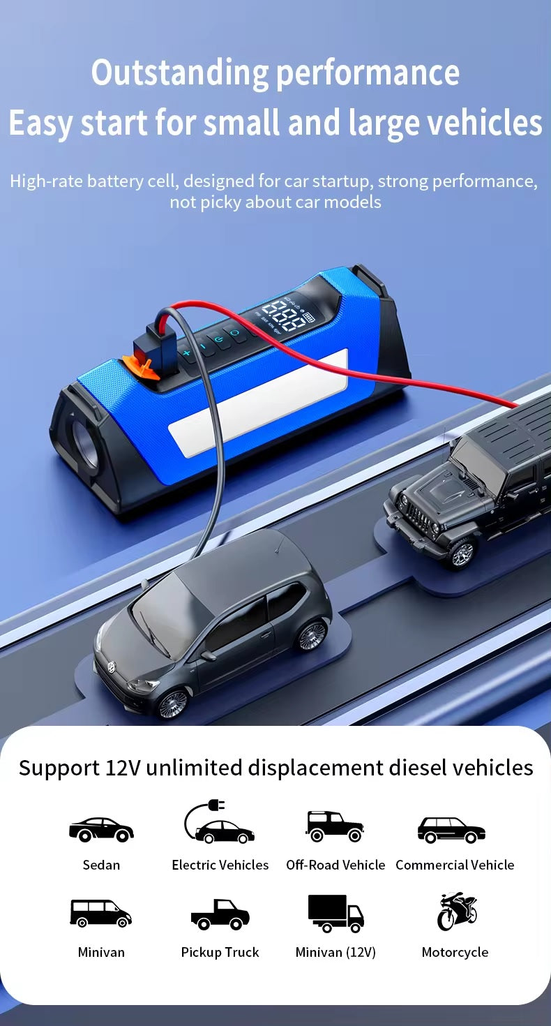 ADAK Multinational Powerhouse: 12V Battery Jumper Starter with Air Compressor - 150PSI, 1000A Boost, 12000mAh Emergency Power Bank