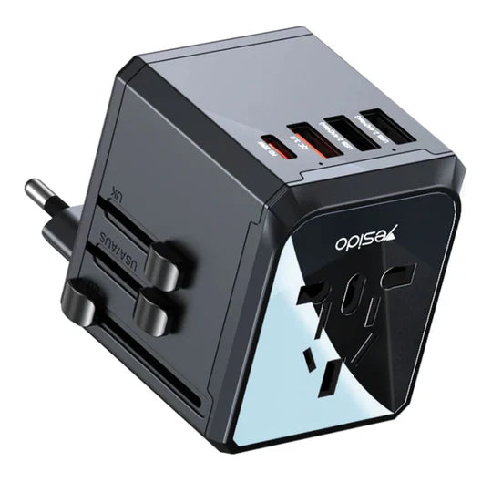 YESIDO MC24 Travel Adapter - 20W Power, 3 USB + Type-C Ports, Universal Plug, Fire-Resistant PC Shell, Multi-Country Standard Sockets