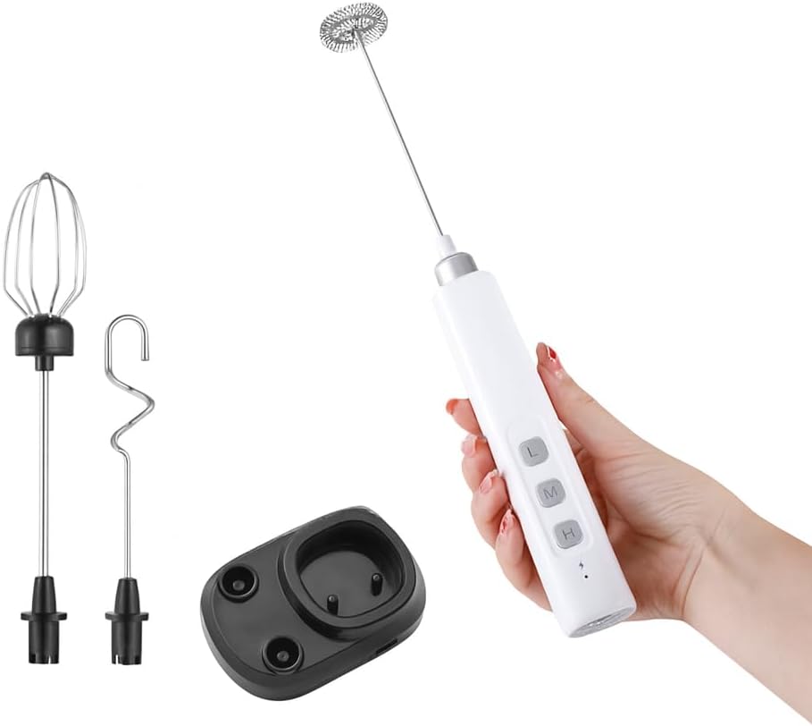 ADAK Electric Handheld Milk Frother, USB Rechargeable, White, Stainless Steel and Plastic, 2.5W, With Stand and Charging Base, for Coffee, Tea, Milk, Baby Food