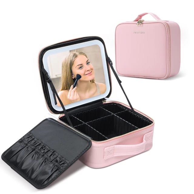 Makeup Bag with Light up Mirror, Travel Makeup Case with Mirror and Lights, Lighted Cosmetic Train Case with 3 Color Settings, Make up Organizer Bag