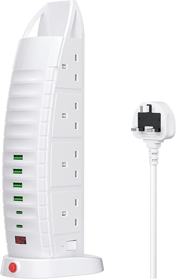 BEKHOM Extension Lead with 8 Way Outlets and 2 USB Ports (Type C and USB) - 3.6A Multi Plug Extension Socket with Switches, 2M Cable, Vertical Power Strip