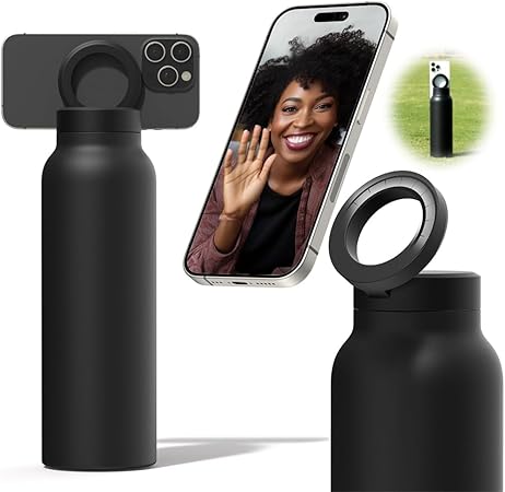 Azonee Insulated Water Bottle Compatible Magnetic Phone Holder, Stainless Steel 24oz Bottle with Mount Keeps Drinks Hot 12H Cold 24H 360° Rotate, Black