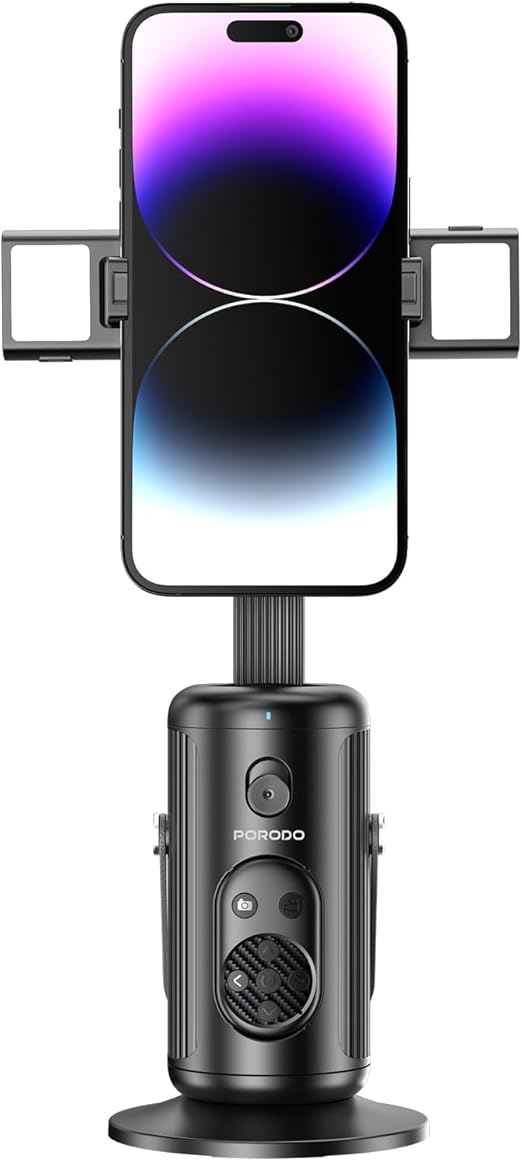 Porodo Face Tracking Smart Mount, 1800mAh Battery Capacity, Type-C Charging Port, Detachable Fill Light, Gesture Control, Wireless Shutter, 3.5H Recharge Time - Black