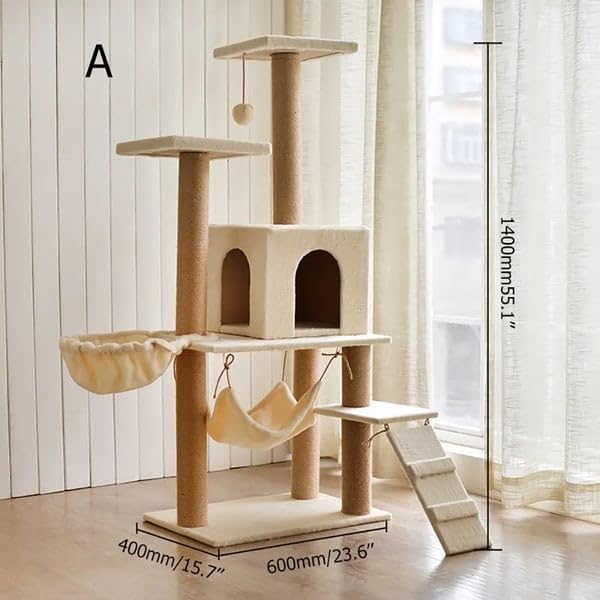 Adak Cat Tree Tower, Large 140CM, Scratching Post, Cat Condo,Hammock, Sisal Posts, Crafted with plush wooden houses, Indoor Cat house (Grey)