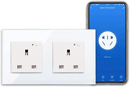 ADAK WiFi Smart Wall Socket Outlet Glass Panel Remote Control Works with Amazon Alexa/Google Home (White, Double Socket)