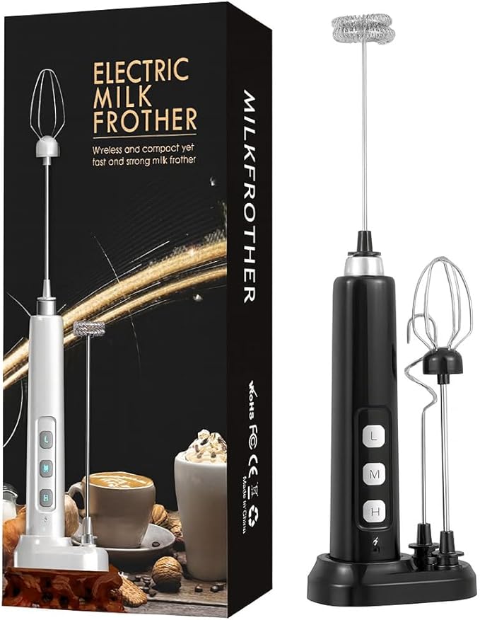 ADAK Electric Handheld Milk Frother, USB Rechargeable, White, Stainless Steel and Plastic, 2.5W, With Stand and Charging Base, for Coffee, Tea, Milk, Baby Food