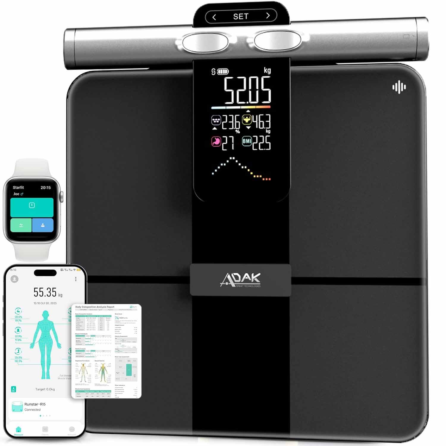 ADAK 8-Electrode Smart Body Fat Scale 2 PRO, Black, Glass, 30x30x2.7cm, Digital Bathroom Scale with BMI, 29 Body Composition Analyzer, Large LCD Display, Bluetooth App Sync, 400 lbs Capacity