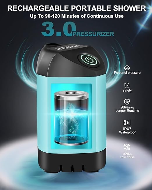 ADAK Portable Camping Shower - Rechargeable Outdoor Camp Shower with Pressurizer & 4500mAh Battery Pump IPX7 Waterproof for Camp, Hiking, Car Washing, Pet Bath