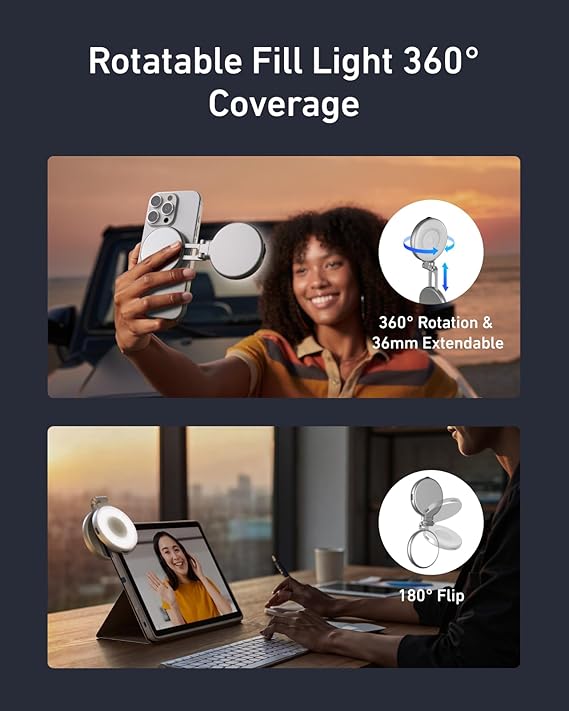 TELESIN° Magnetic Selfie Light with Mirror, 360° LED Fill Light for iPhone Magsafe & Non-Magsafe Phones, 3 Color, Height Adjustable