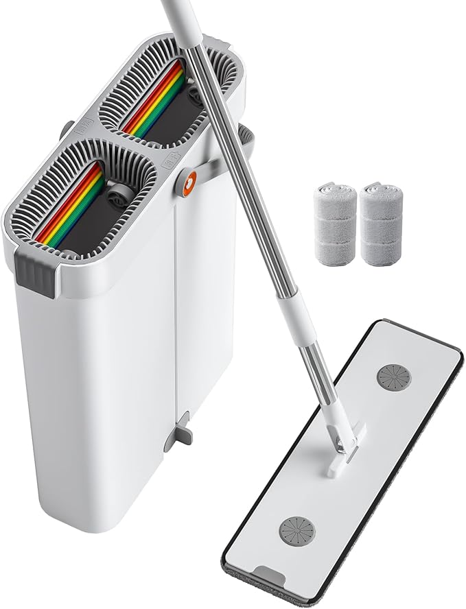 JOYBOS Mop and Bucket with Wringer Set, Hands-Free Flat Floor Mop and Bucket, with 2 Washable Microfiber Pads, Wet and Dry Use, Floor Cleaning System