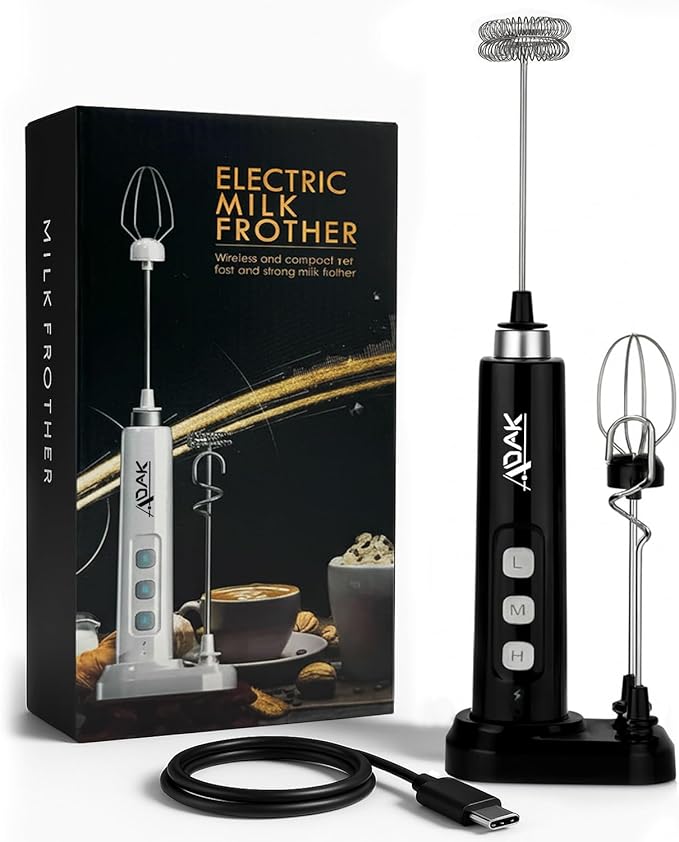 ADAK Electric Handheld Milk Frother, USB Rechargeable, White, Stainless Steel and Plastic, 2.5W, With Stand and Charging Base, for Coffee, Tea, Milk, Baby Food