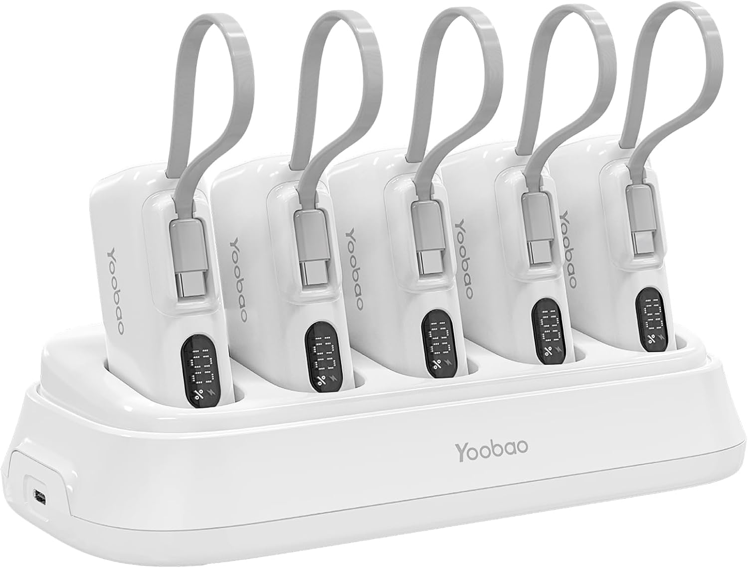 Yoobao Portable Charging Station with Small Power Bank 5 Pack Built-in USB C Cable 5000mAh, Family Shared Portable Charger PD20W Fast Charging for iPhone 15 16, Charging Dock for Restaurant Pub Party