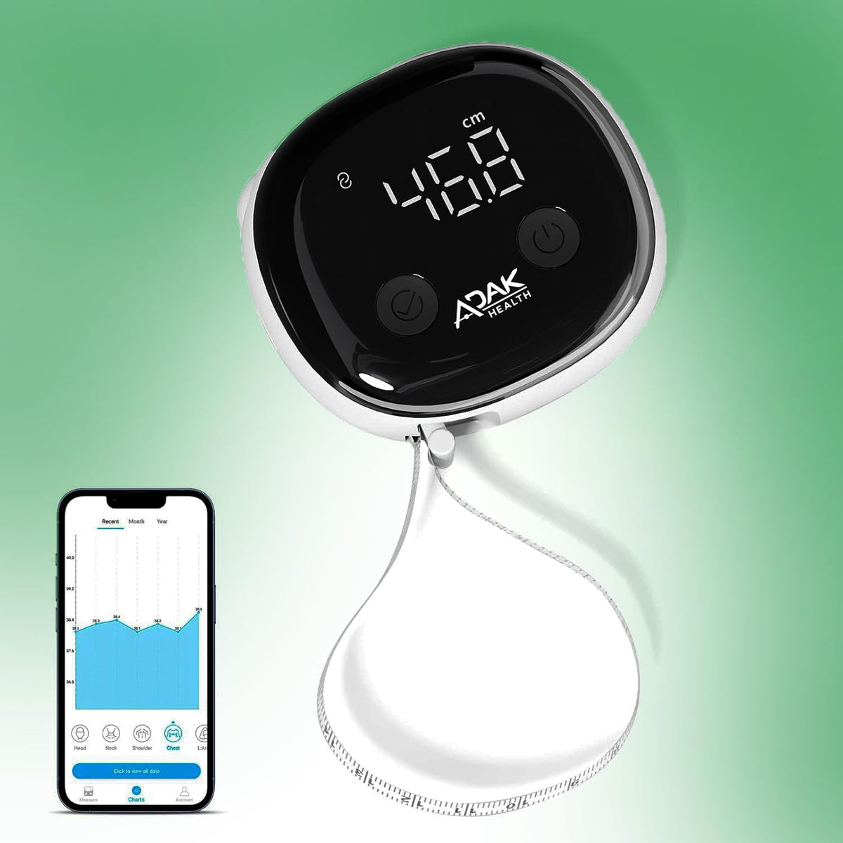 ADAK Smart Digital Body Measuring Tape with LED Display, White, Bluetooth Enabled, 60in Body Tape Measure, Type-C Rechargeable, Body Measuring Tape for Weight Loss, Retracable