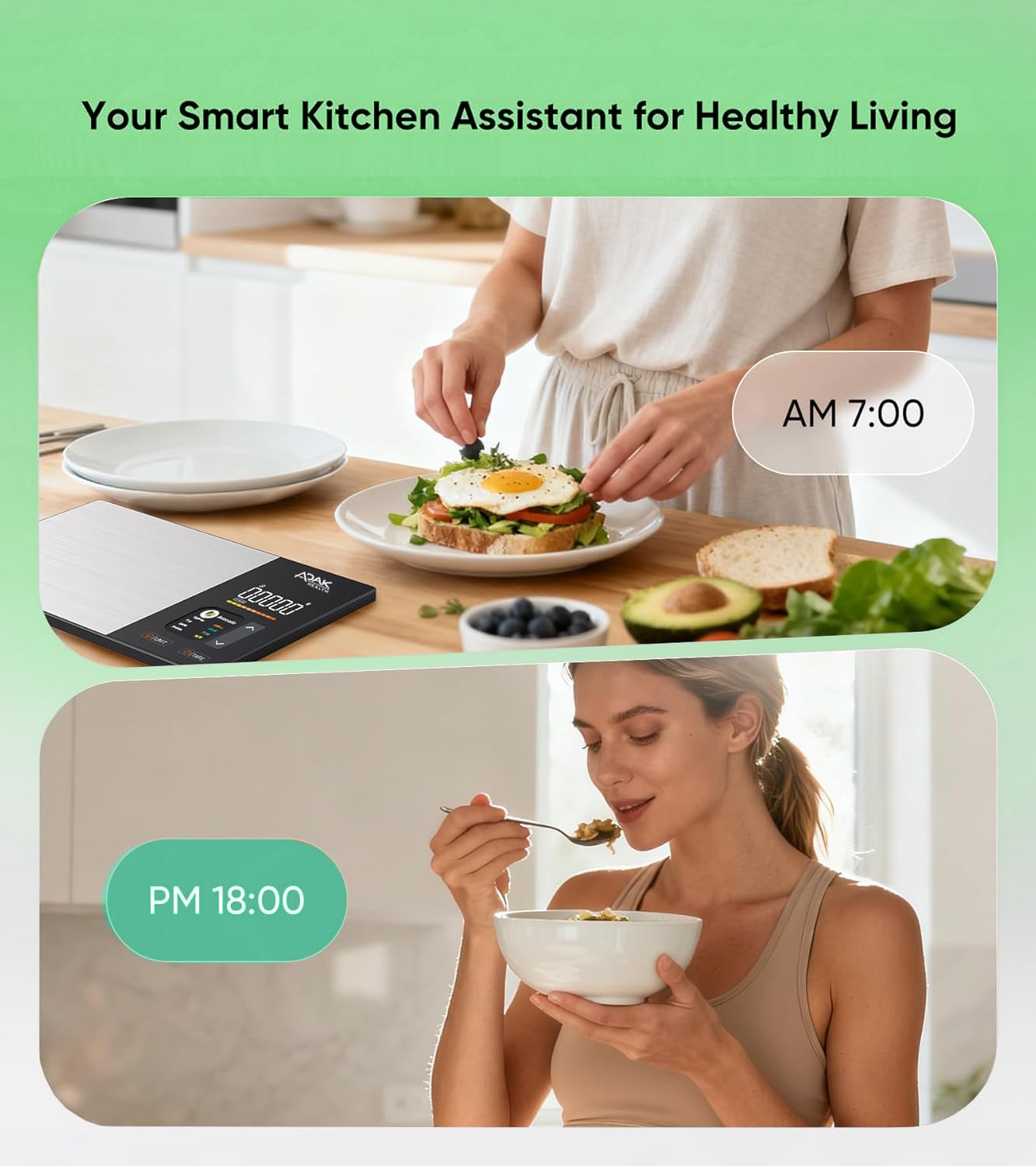 ADAK Smart Nutrition Food Scale with TFT Display, Tracks Calories, Fat, Carbs & Protein, Works with App for Daily Reports, 50 Built-in Foods, 23 Nutrients, Digital Kitchen Scale for Meal Prep