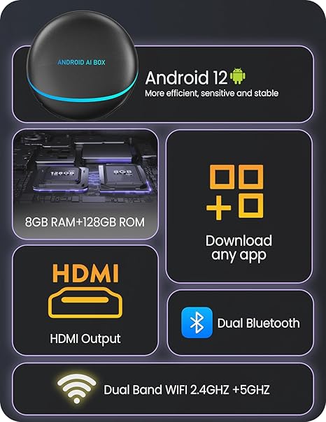 Carplay Ai Box, 8+128G Road Mate Magic CarPlay Box with Integrated Navigation, Android12, HDMI Output, Compatible with YouTube/Netflix/