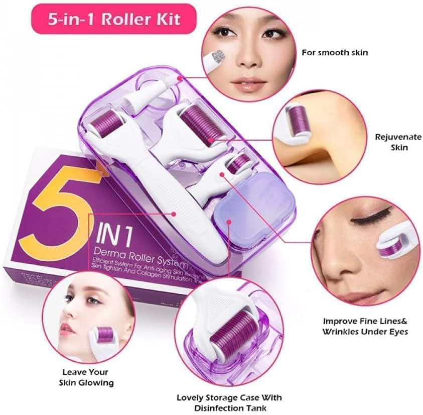 Ice Roller Derma Roller 5 in 1 Kit .25mm Titanium Microneedles, Ice Roller Dermaroller for Face and Body, 12/300/ 720/1200 Titanium Micro Needle