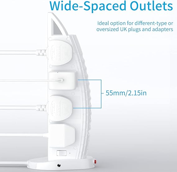 BEKHOM Extension Lead with 8 Way Outlets and 2 USB Ports (Type C and USB) - 3.6A Multi Plug Extension Socket with Switches, 2M Cable, Vertical Power Strip