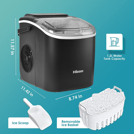 HICON Ice Cube Maker Machine Making Bullet Ice Cubes 33 lbs/24 hrs, With Handle and Automatic Cleaning Function, Countertop with Ice Scoop for Home Kitchen, Bars, Coffee Tea Shops (Plastic)