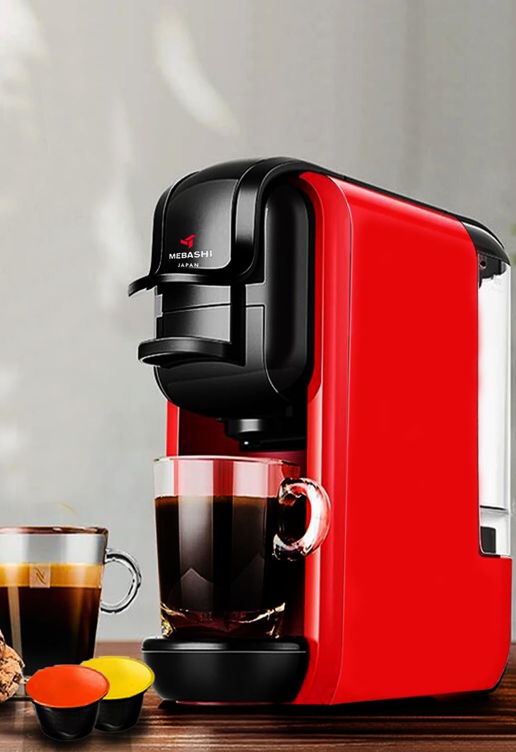 MEBASHI 3-in-1 Multifunction Espresso Capsule Coffee Machine, 600ML Water Tank, 19 Bar Pressure, Auto Shut Off | (ME-CEM302) (Red)|1450W