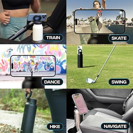 Azonee Insulated Water Bottle Compatible Magnetic Phone Holder, Stainless Steel 24oz Bottle with Mount Keeps Drinks Hot 12H Cold 24H 360° Rotate, Black