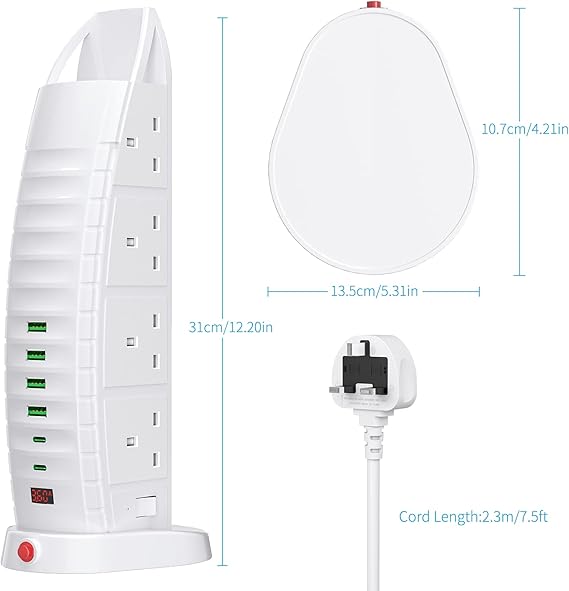 BEKHOM Extension Lead with 8 Way Outlets and 2 USB Ports (Type C and USB) - 3.6A Multi Plug Extension Socket with Switches, 2M Cable, Vertical Power Strip