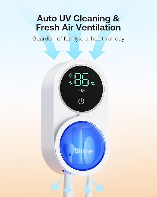 Bitvae Toothbrush Cleaner, UV-C Cleaning and Air Drying, LED Smart Screen, Rechargeable Wall Mount Toothbrush Holder, White