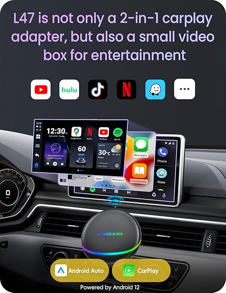 Carplay Ai Box, 8+128G Road Mate Magic CarPlay Box with Integrated Navigation, Android12, HDMI Output, Compatible with YouTube/Netflix/