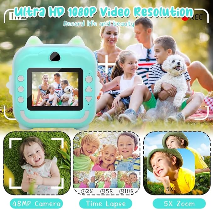 Kids Instant Print Camera, Toddler-Friendly Digital Camera with 1080P HD Video, 48MP Resolution, Includes 32GB Card and Phone Connectivity