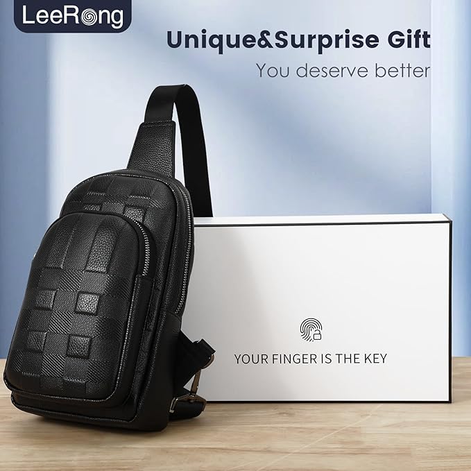 LeeRong Fingerprint Unlock Anti Theft Proof Crossbody Bag Men for Travel Genuine Leather Purse Waterproof Large Sling Bag for Men Multi-pocket Black Backpack