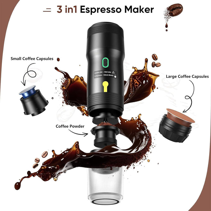 Portable Espresso Machine with USB Charging, 20Bar Electric Coffee Maker for Camping & Car Travel, Self-Heating NS/DG Capsule Compatible, IPX6 Waterproof, 7500mAh Battery (Black)
