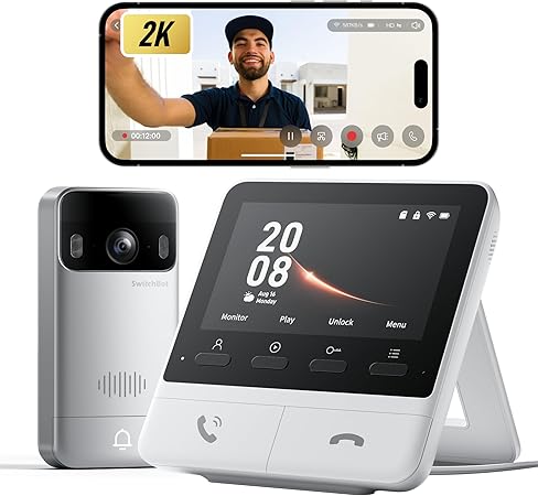 SwitchBot Smart Video Doorbell with Dedicated Indoor Monitor, 2K Quad HD Resolution, Battery Powered, Matter Compatible, and Two-Way Audio