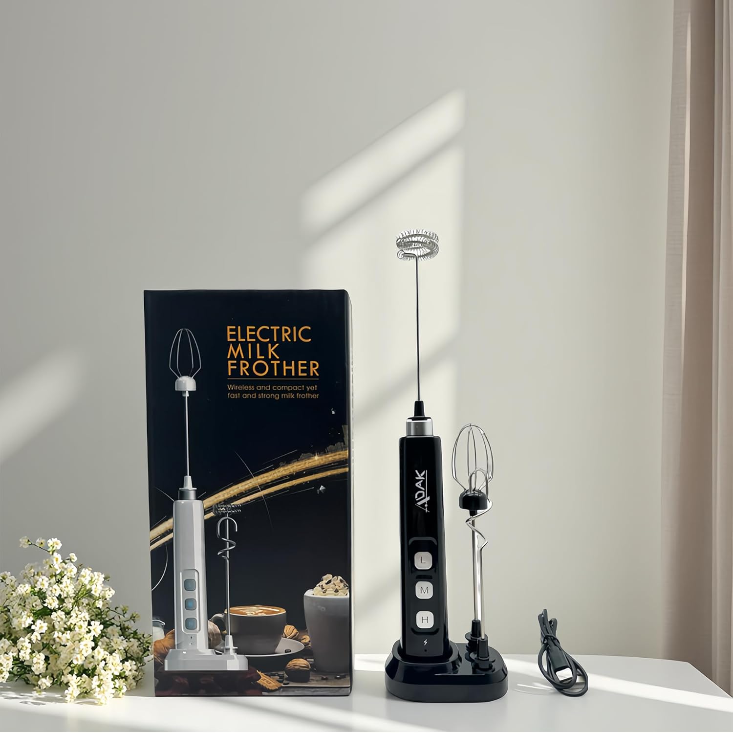 ADAK Electric Handheld Milk Frother, USB Rechargeable, White, Stainless Steel and Plastic, 2.5W, With Stand and Charging Base, for Coffee, Tea, Milk, Baby Food