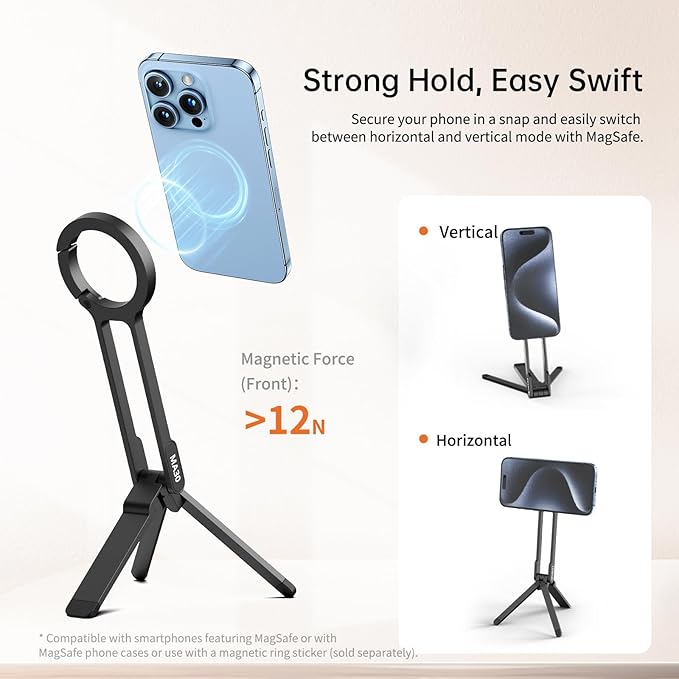 ULANZI MA30 Magnetic Phone Stand iPhone Aluminium Mini Tripod Foldable Pockets Mobile Phone Stand Double-Sided Magnet Quick Mount Compatible iPhone 16 15 14 13 12 Magsafe 12N Magnetic Tripod