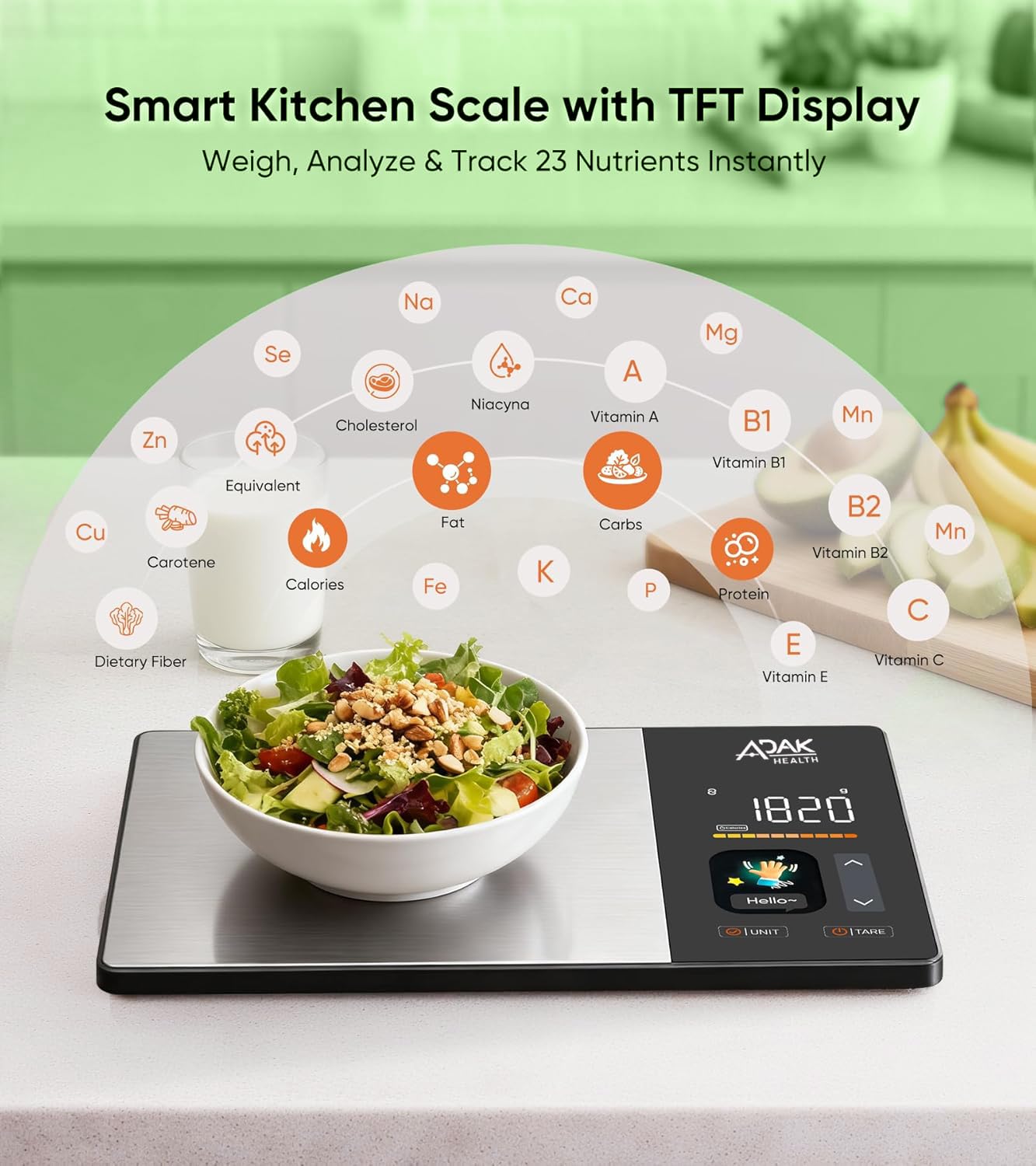 ADAK Smart Nutrition Food Scale with TFT Display, Tracks Calories, Fat, Carbs & Protein, Works with App for Daily Reports, 50 Built-in Foods, 23 Nutrients, Digital Kitchen Scale for Meal Prep