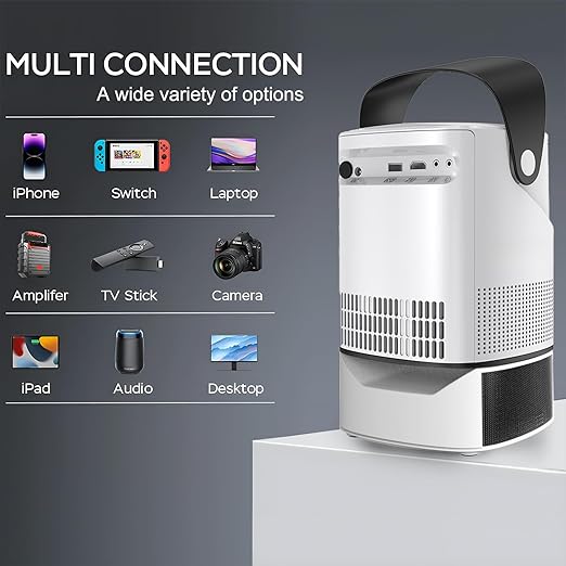 Unitedtime Portable Projector with Integrated Stand WiFi and Bluetooth Handheld bracket Native 1080p Support 4K 12000 Lumens, for Home Theater