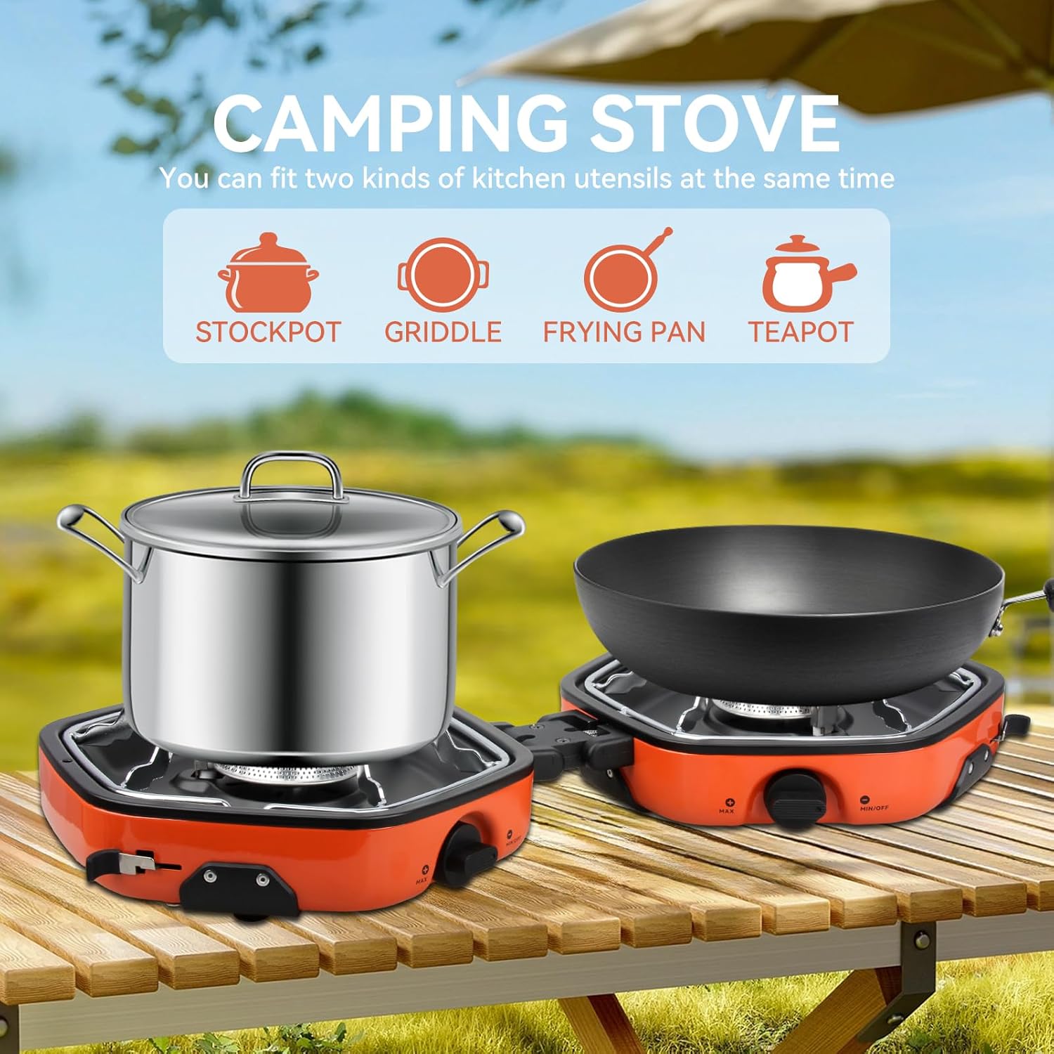 Foldable Camping Stove Portable Propane Camp Stove for Camping, Backpacking With 17,000 BTU 2 Adjustable Burners Piezo Ignition for Outdoor BBQ (Orange)