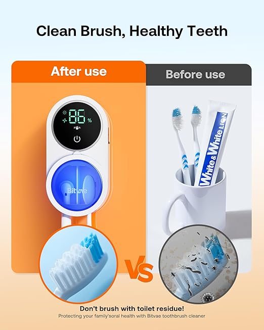 Bitvae Toothbrush Cleaner, UV-C Cleaning and Air Drying, LED Smart Screen, Rechargeable Wall Mount Toothbrush Holder, White