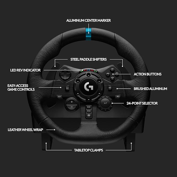 Logitech G923 Racing Wheel and Pedals, , Dual Clutch Launch Control, Genuine Leather Wheel Cover, for PS5, PS4, PC, Mac - Black