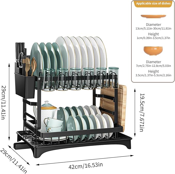 ADAK Dish Rack, Dish Drainers for Kitchen Counter, 2 Tier Dish Holder, Dish Draining Stand Rack with Water Guide Design for Bowls, Chopsticks, Dishes