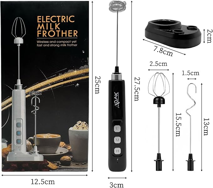 ADAK Electric Handheld Milk Frother, USB Rechargeable, White, Stainless Steel and Plastic, 2.5W, With Stand and Charging Base, for Coffee, Tea, Milk, Baby Food