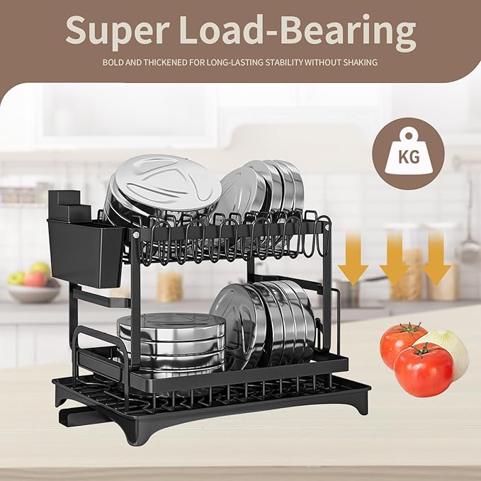 ADAK Dish Rack, Dish Drainers for Kitchen Counter, 2 Tier Dish Holder, Dish Draining Stand Rack with Water Guide Design for Bowls, Chopsticks, Dishes