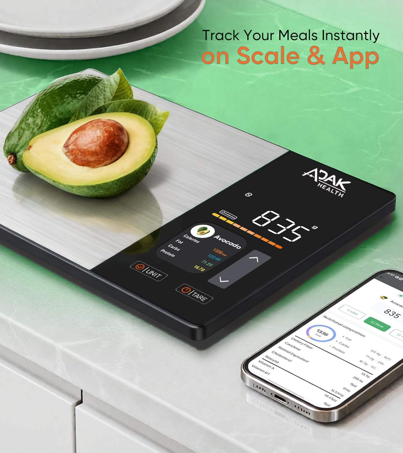 ADAK Smart Nutrition Food Scale with TFT Display, Tracks Calories, Fat, Carbs & Protein, Works with App for Daily Reports, 50 Built-in Foods, 23 Nutrients, Digital Kitchen Scale for Meal Prep