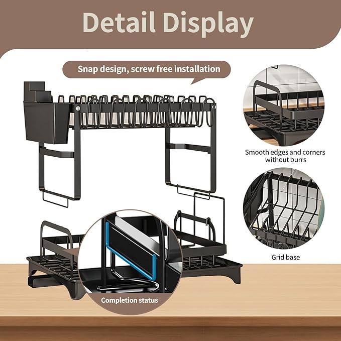 ADAK Dish Rack, Dish Drainers for Kitchen Counter, 2 Tier Dish Holder, Dish Draining Stand Rack with Water Guide Design for Bowls, Chopsticks, Dishes