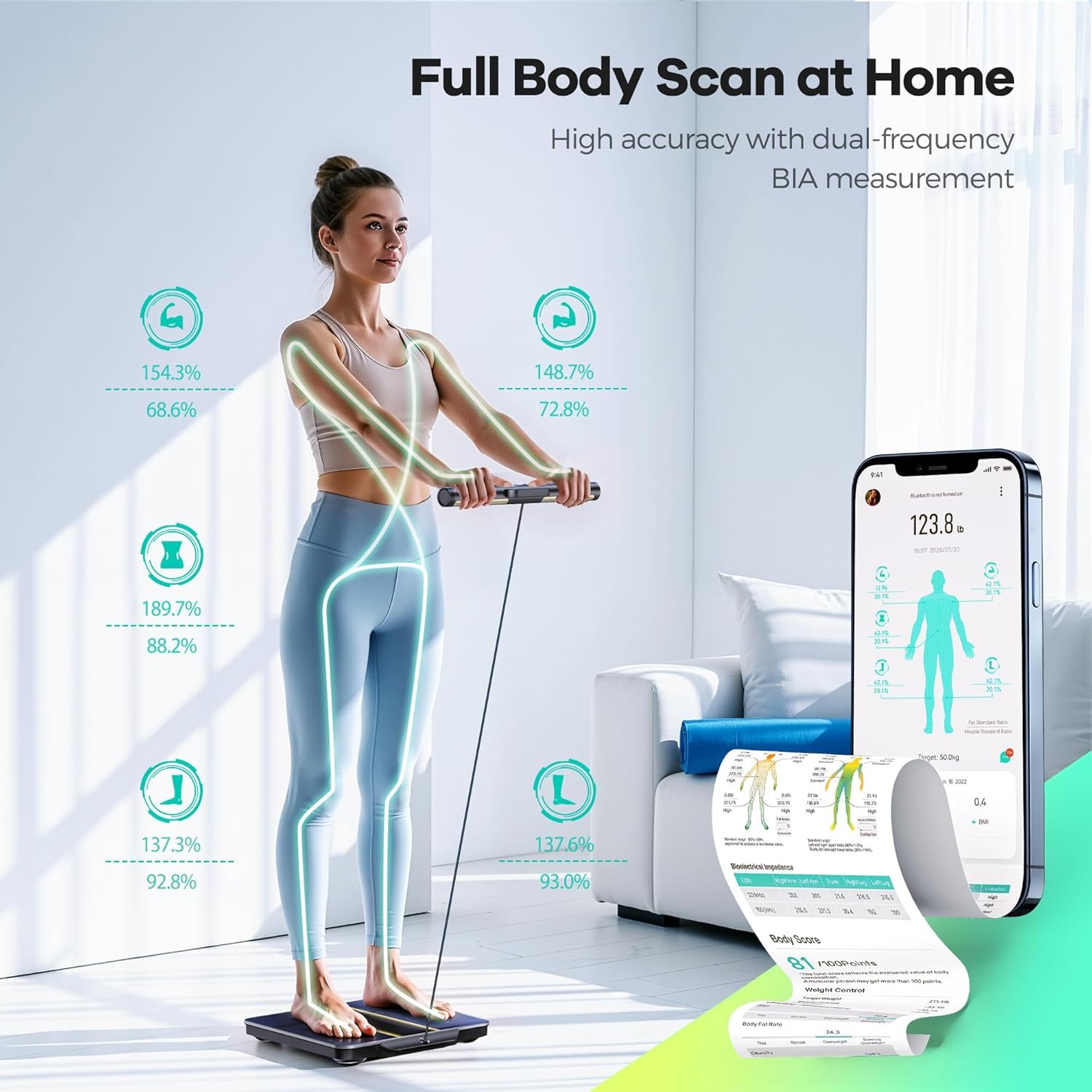 ADAK 8-Electrode Smart Body Fat Scale 2 PRO, Black, Glass, 30x30x2.7cm, Digital Bathroom Scale with BMI, 29 Body Composition Analyzer, Large LCD Display, Bluetooth App Sync, 400 lbs Capacity