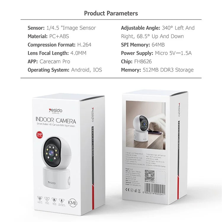 Smart Indoor HD Camera With Night Vision | 2 Mega Pixels | Resolation 1920×1080 | Yesido KM10 Indoor Camera