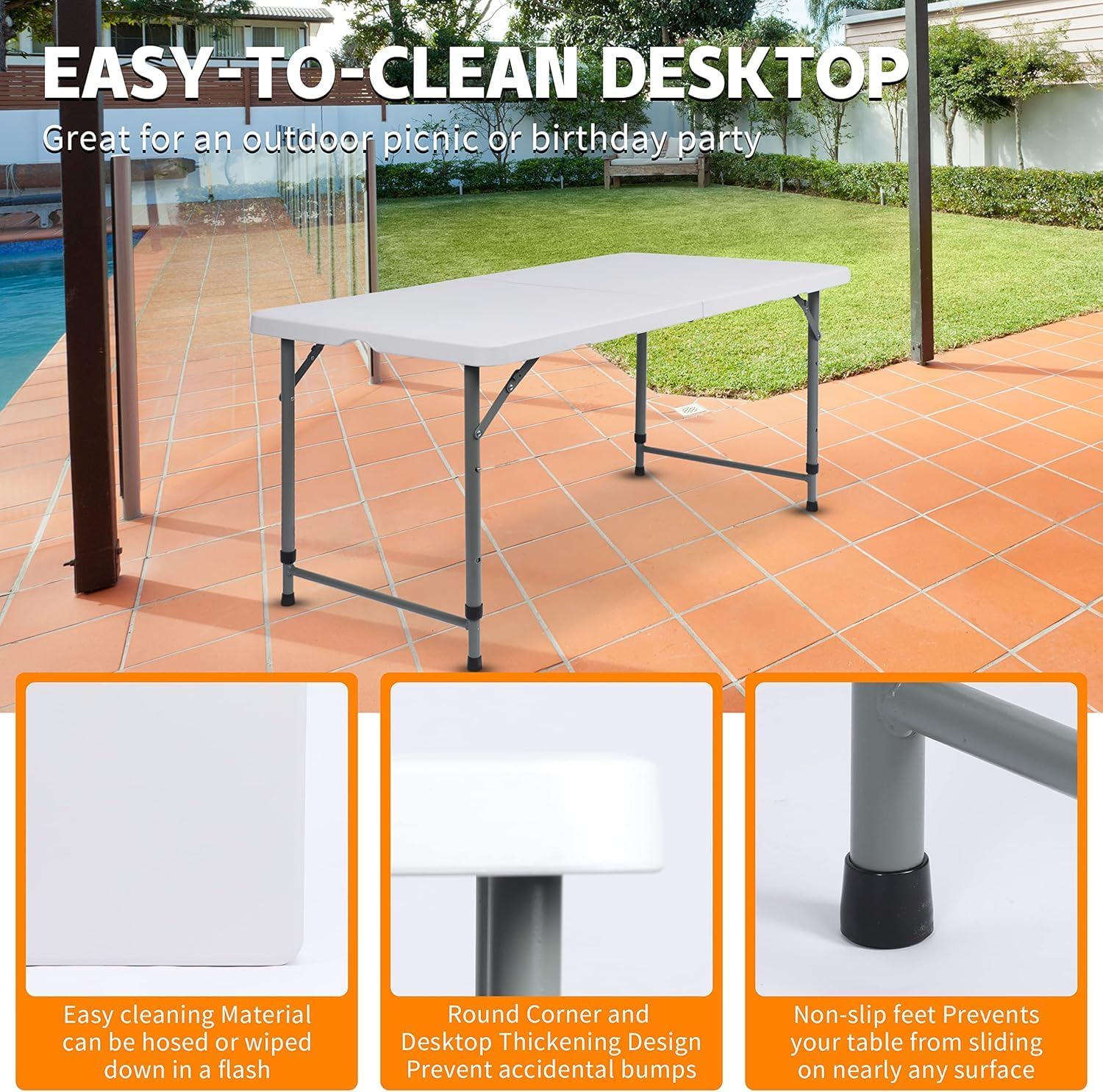 SKY-TOUCH Folding Lightweight Trestle Outdoor Camping Table,Heavy Duty Plastic Outdoor Folding Picnic Table,Folding Trestle Table For BBQ Party, Folds in Half with Carry Handle,White(152×70×74cm)