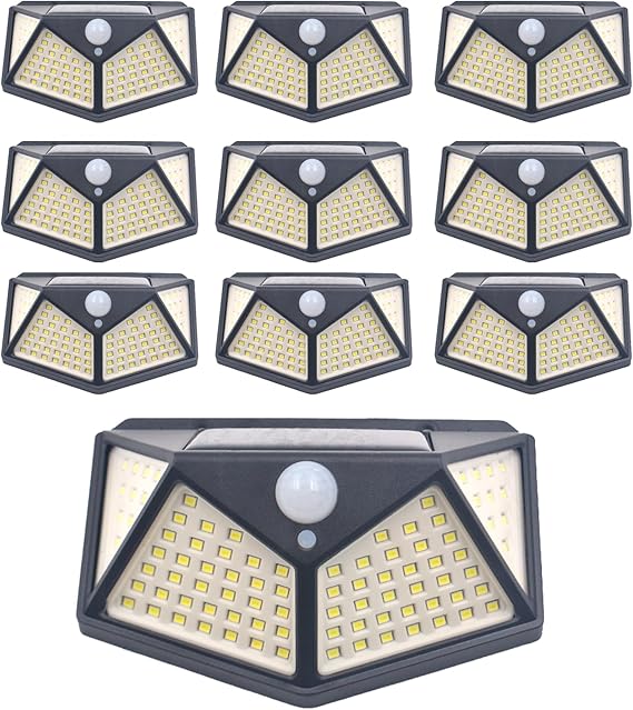 ADAK Motion Sensor Solar Lights Outdoor – 100 LED Super Bright Waterproof Security Lights with 3 Modes for Fence, Yard, Garden, Garage, Pathway (Pack of 10)