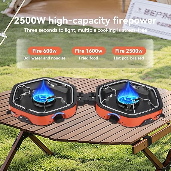 Foldable Camping Stove Portable Propane Camp Stove for Camping, Backpacking With 17,000 BTU 2 Adjustable Burners Piezo Ignition for Outdoor BBQ (Orange)