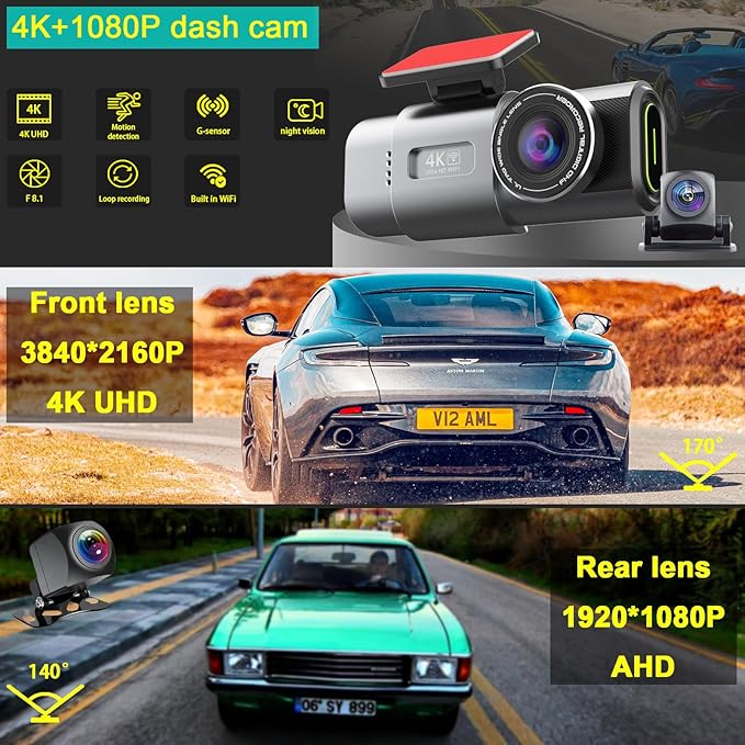 Front and Rear Dash Camera, Small Wireless WiFi Dashcam for Cars, Front and Back Mounted, 2160p 4K HD Night Vision Security Monitor Camera